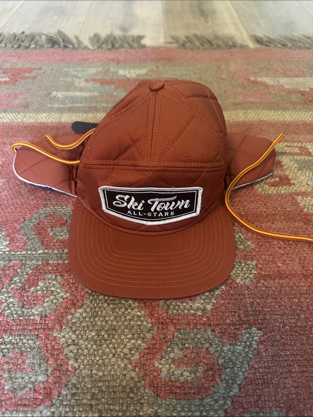 Quilted Rust Earflap Cap ski town all stars